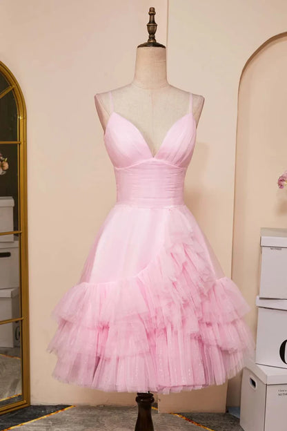 Sparkling Tulle A-Line Sweetheart Spaghetti Strap Low V-Back Short Homecoming Dresses