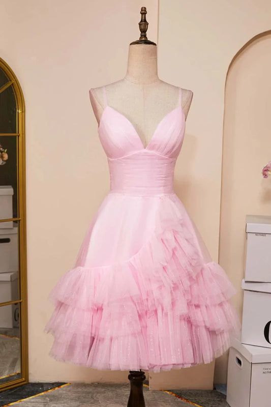 Sparkling Tulle A-Line Sweetheart Spaghetti Strap Low V-Back Short Homecoming Dresses
