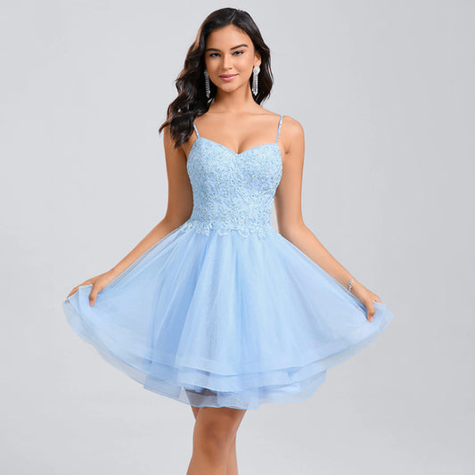 Sparkling Tulle Lace A-Line Sweetheart Spaghetti Strap Zipper Back Short Mini Homecoming Dresses