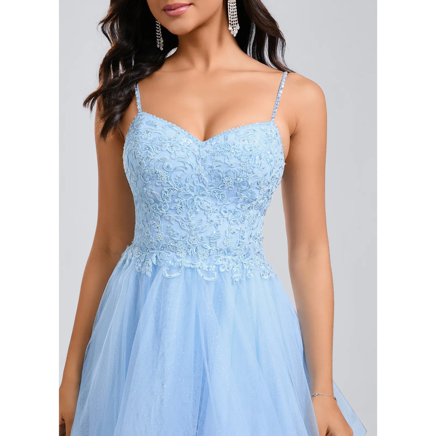 Sparkling Tulle Lace A-Line Sweetheart Spaghetti Strap Zipper Back Short Mini Homecoming Dresses