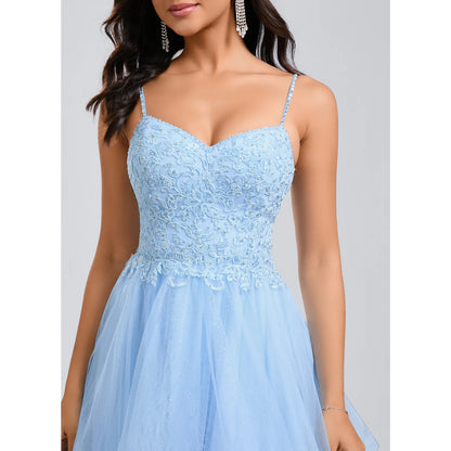 Sparkling Tulle Lace A-Line Sweetheart Spaghetti Strap Zipper Back Short Mini Homecoming Dresses