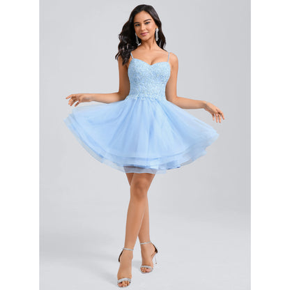Sparkling Tulle Lace A-Line Sweetheart Spaghetti Strap Zipper Back Short Mini Homecoming Dresses