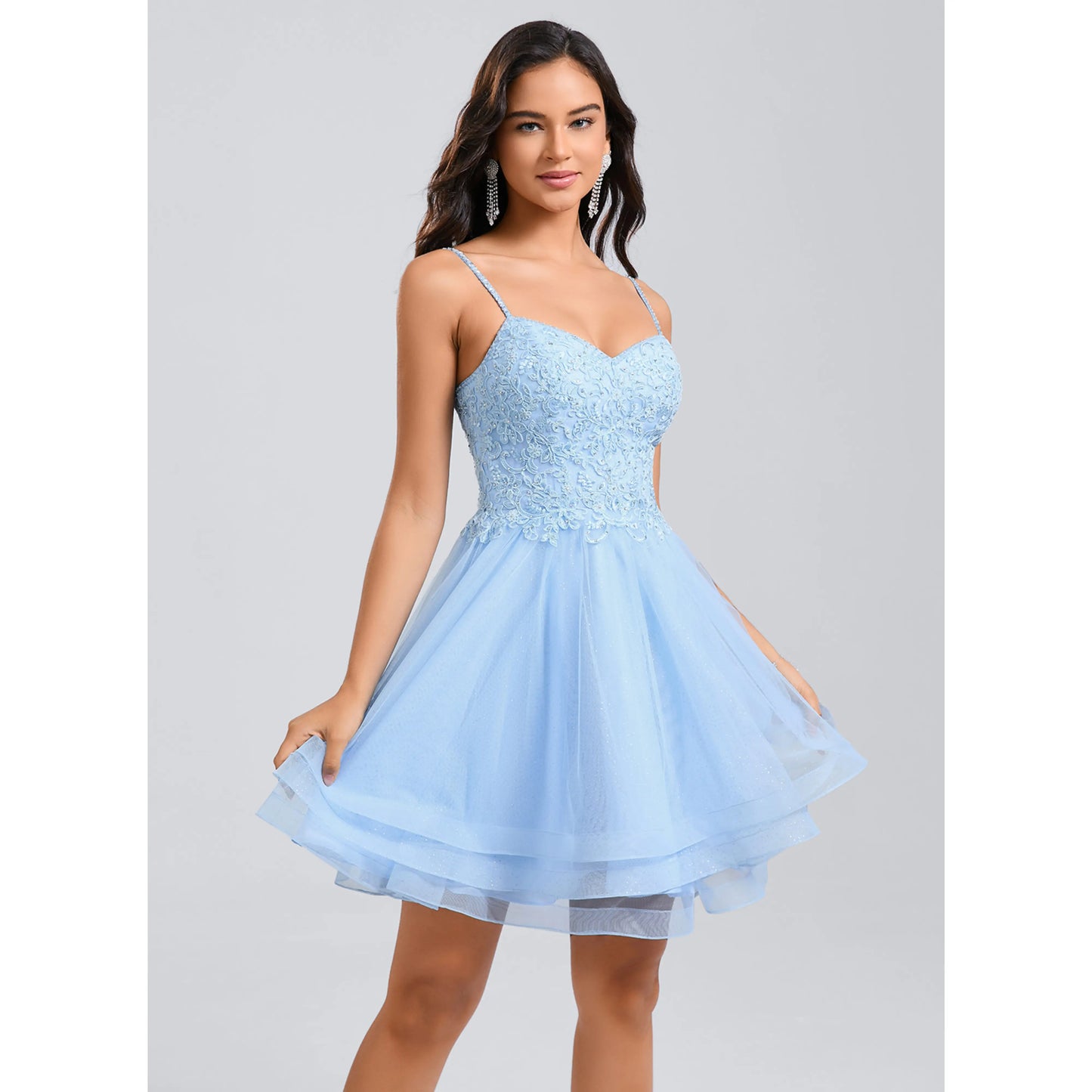 Sparkling Tulle Lace A-Line Sweetheart Spaghetti Strap Zipper Back Short Mini Homecoming Dresses