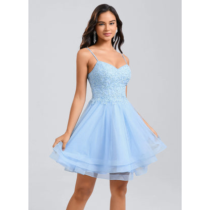 Sparkling Tulle Lace A-Line Sweetheart Spaghetti Strap Zipper Back Short Mini Homecoming Dresses