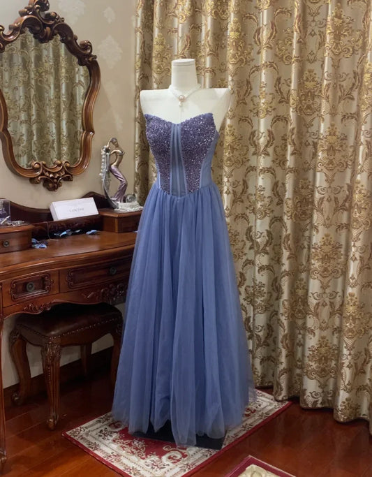 Sparkling Tulle Sequin A-Line Sweetheart Strapless Lace-Up Back Floor-Length Prom Dresses
