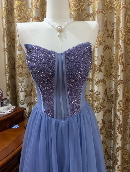 Sparkling Tulle Sequin A-Line Sweetheart Strapless Lace-Up Back Floor-Length Prom Dresses