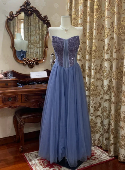 Sparkling Tulle Sequin A-Line Sweetheart Strapless Lace-Up Back Floor-Length Prom Dresses