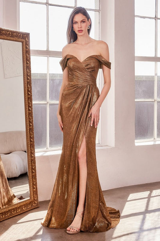 Sparkling off-the-shoulder metallic evening gown with ruched bodice, high slit and mermaid train