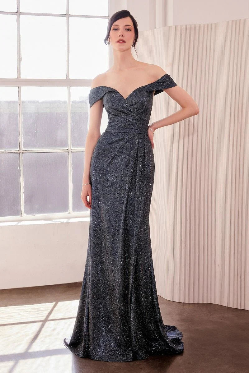 Sparkling off-the-shoulder metallic evening gown with ruched bodice, high slit and mermaid train