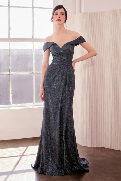 Sparkling off-the-shoulder metallic evening gown with ruched bodice, high slit and mermaid train