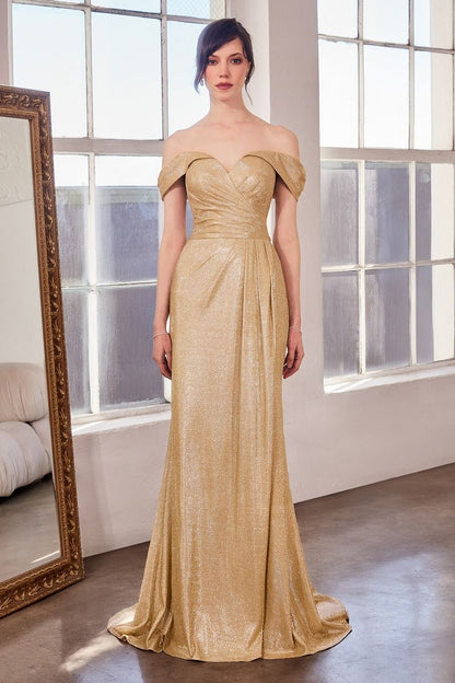 Sparkling off-the-shoulder metallic evening gown with ruched bodice, high slit and mermaid train