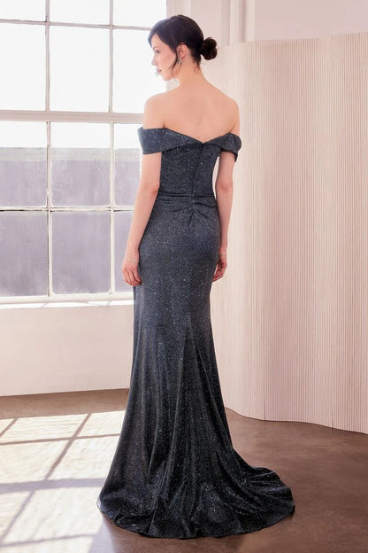 Sparkling off-the-shoulder metallic evening gown with ruched bodice, high slit and mermaid train