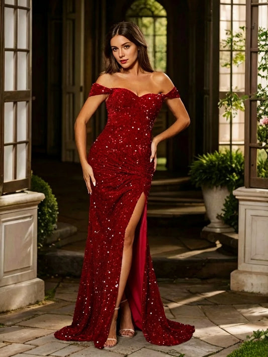 Sparkly Mermaid Off-the-Shoulder Lace-Up-Back High-Slit Floor-Length Evening Dress