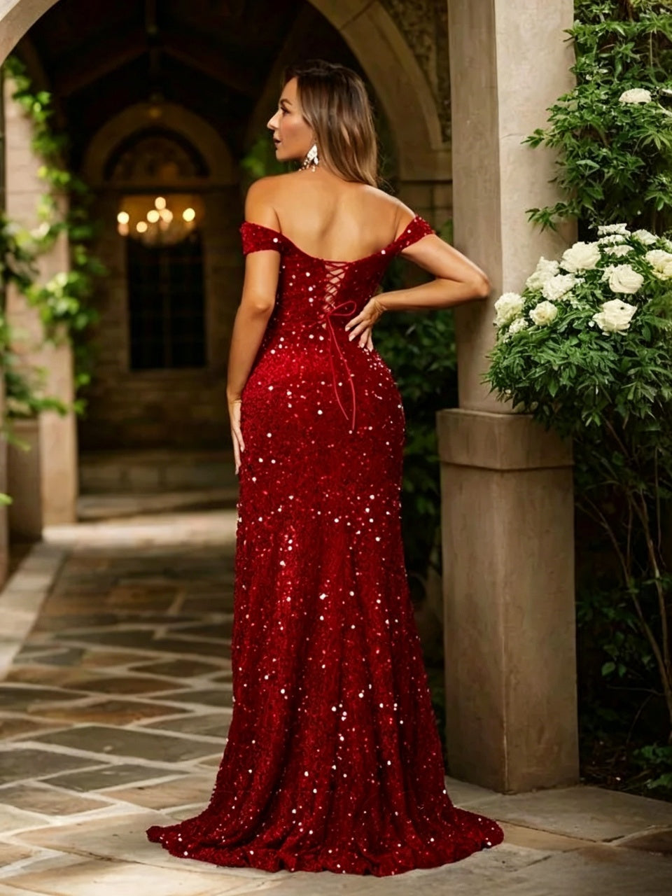 Sparkly Sequin Mermaid Off-Shoulder Lace-Up High-Slit Floor-Length Evening Dress