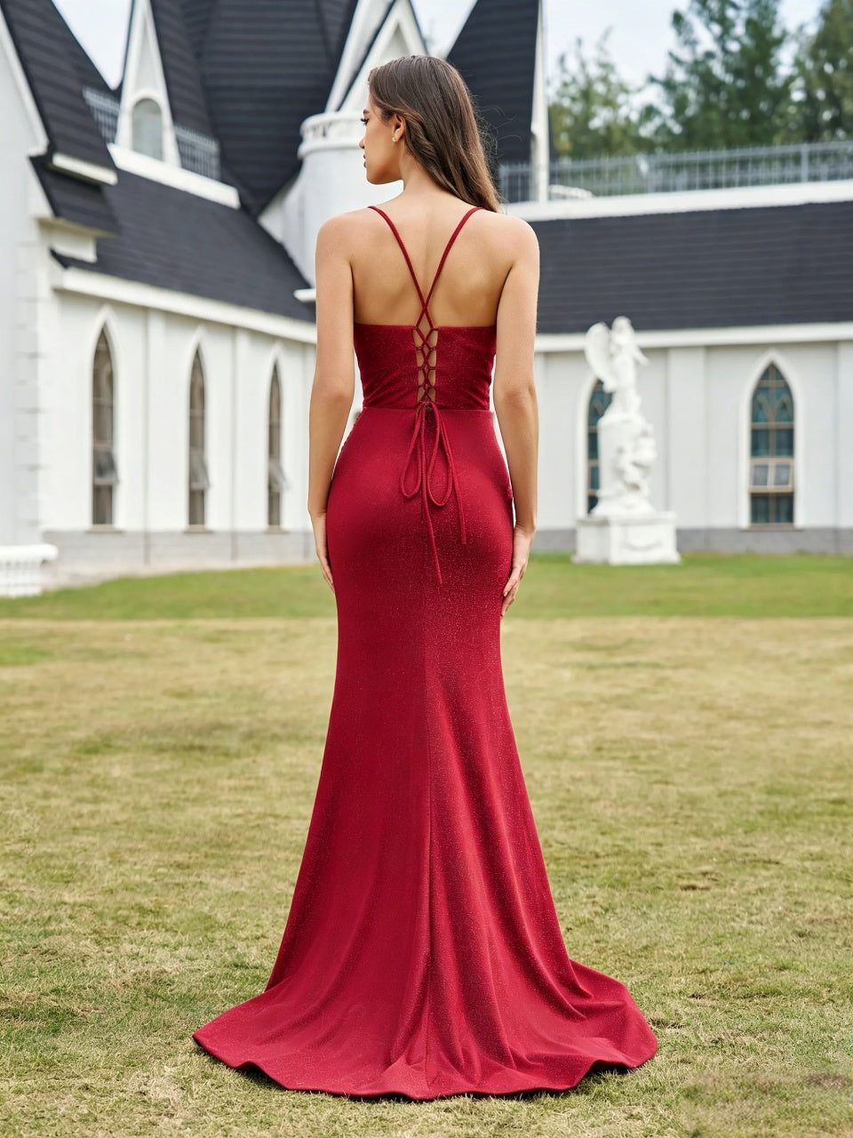 Sparkly Mermaid Sweetheart Spaghetti-Strap Lace-Up-Back High-Slit Floor-Length Evening Dress