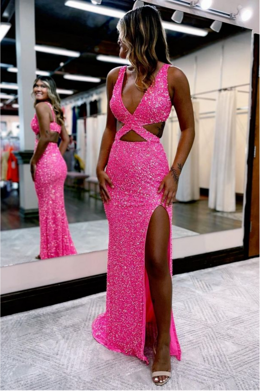 Sparkly Mermaid V-Neck Sleeveless Open-Back Floor-Length Cutout Prom Dress