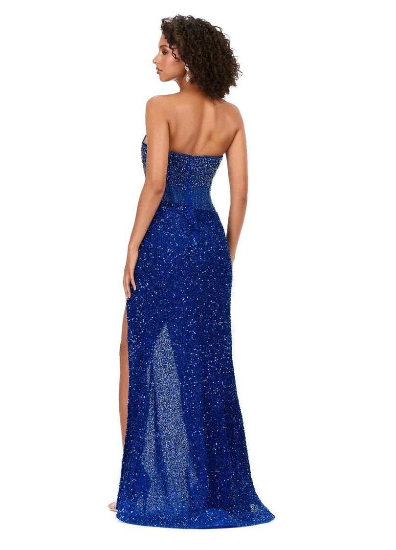 Sparkly Royal Blue Mermaid Strapless Sleeveless Open Back Floor Beaded Prom Dress Slit Corset Glam