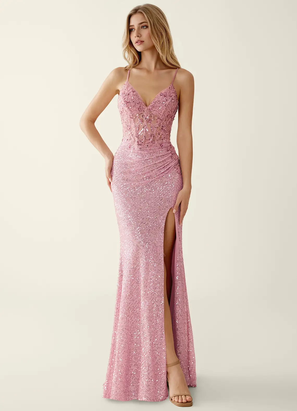 Sparkly Sequin Spaghetti Strap V-Neck Lace Appliqué Ruched High Slit Train Prom Dress