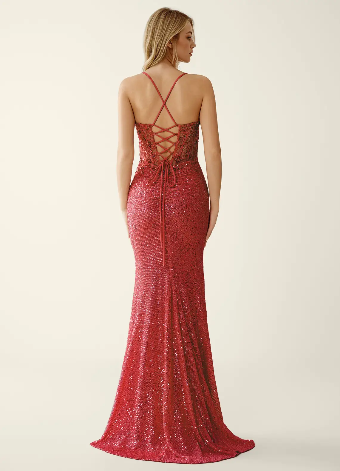 Sparkly Sequin Spaghetti Strap V-Neck Lace Appliqué Ruched High Slit Train Prom Dress