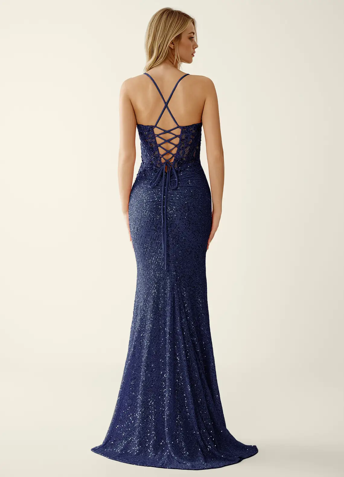 Sparkly Sequin Spaghetti Strap V-Neck Lace Appliqué Ruched High Slit Train Prom Dress