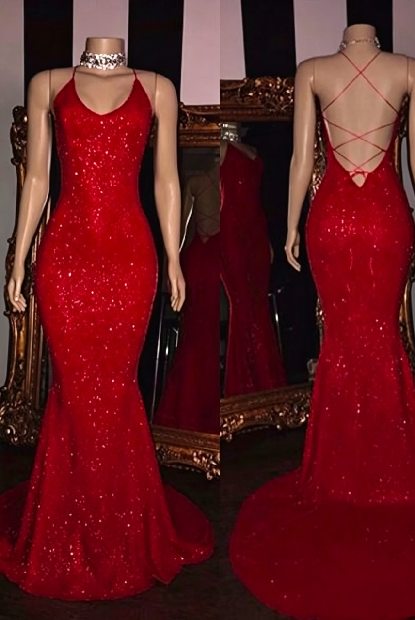 Sparkly Sequin V-Neck Spaghetti Strap Crisscross Back Mermaid Floor-Length Prom Dress