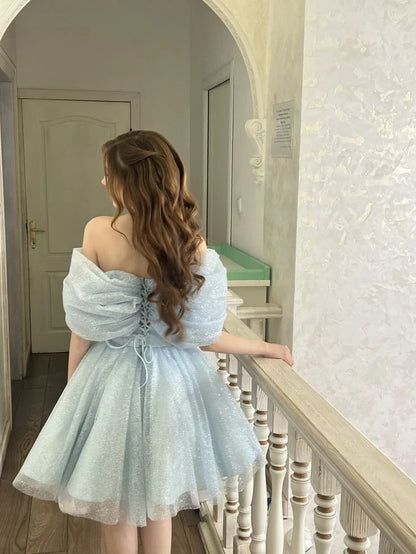 Sparkly Tulle A-Line Off-Shoulder Sweetheart Puffy Off-Shoulder Sleeves Lace-Up Back Short Homecoming Dresses
