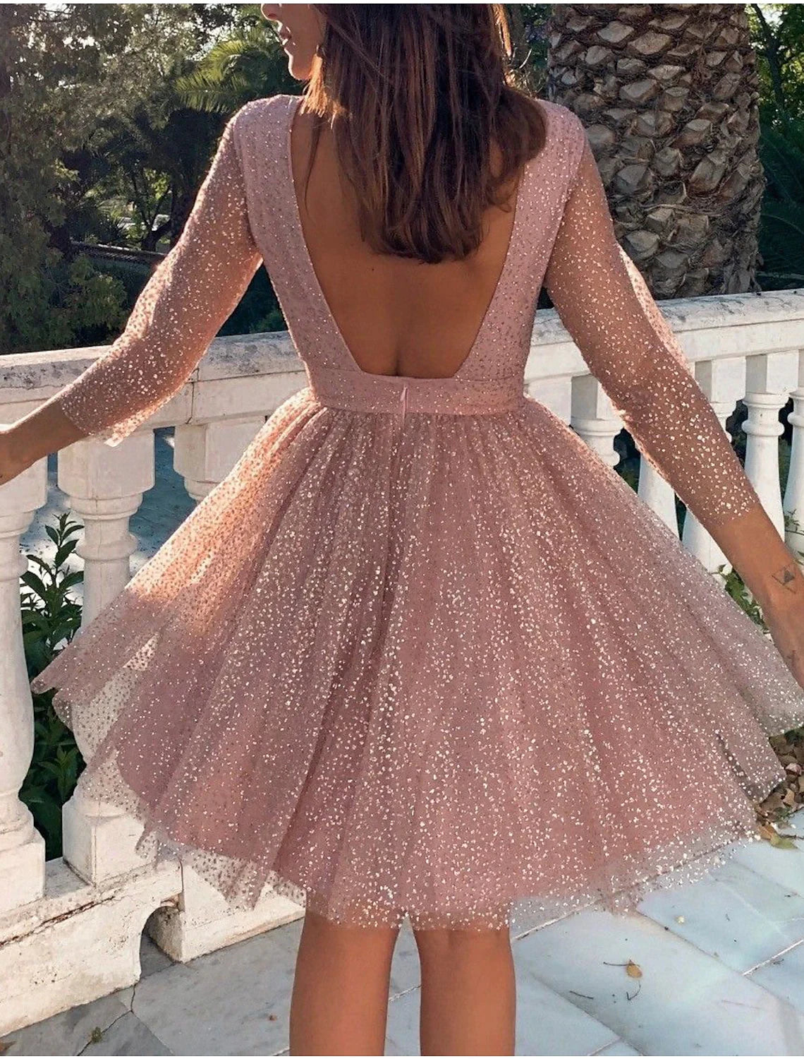 Sparkly Tulle A-Line Round Neck Long Sleeve Low V-Back Above Knee Homecoming Dresses