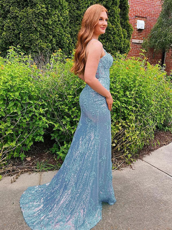 Sparkly light blue sequined mermaid plunging spaghetti strap plain back high slit train length prom evening gown