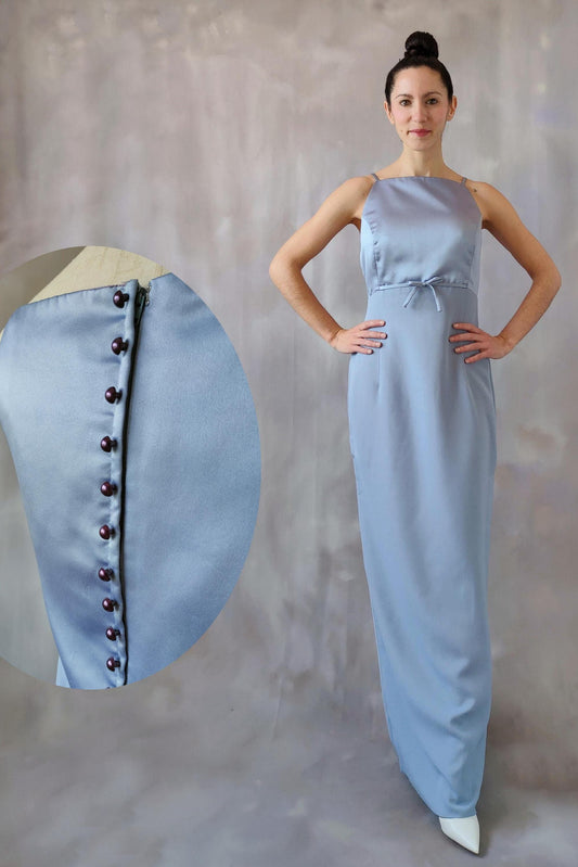 Square Neck Evening Dress with Spaghetti Straps, Back Button Detail, Waist Tie and Back Slit