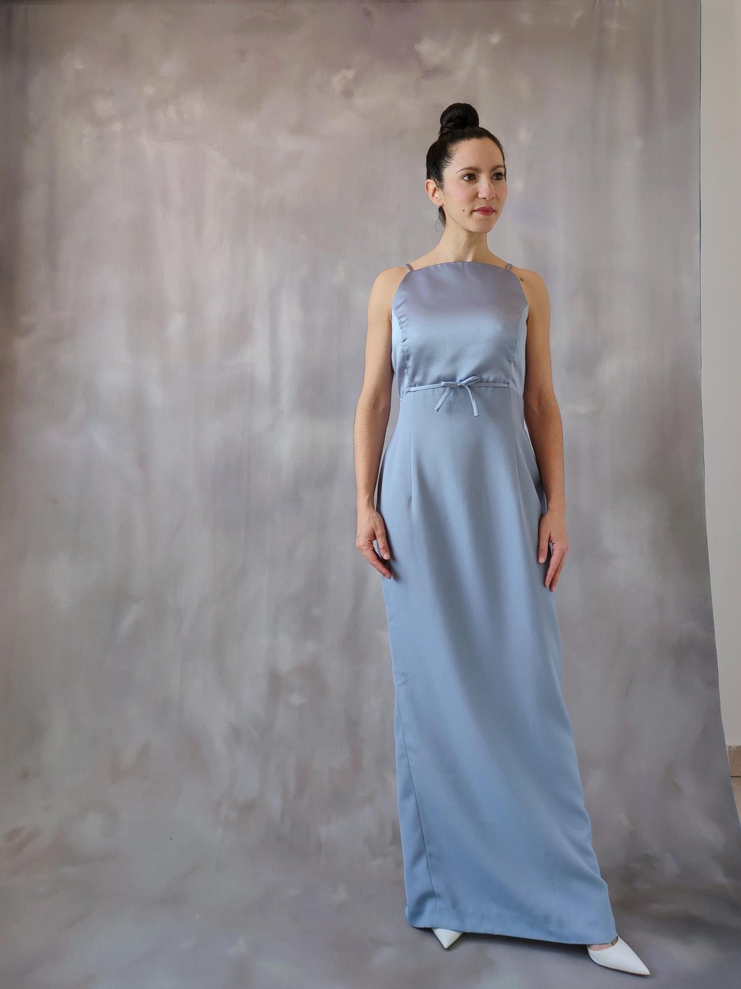 Square Neck Evening Dress with Spaghetti Straps, Back Button Detail, Waist Tie and Back Slit