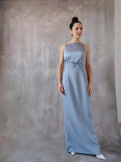 Square Neck Evening Dress with Spaghetti Straps, Back Button Detail, Waist Tie and Back Slit