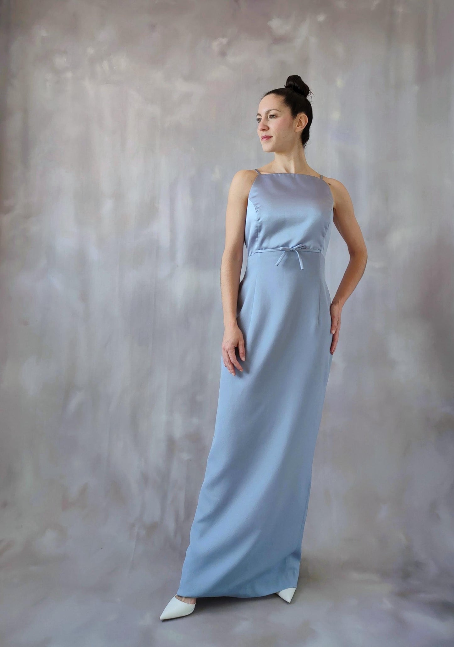 Square Neck Evening Dress with Spaghetti Straps, Back Button Detail, Waist Tie and Back Slit