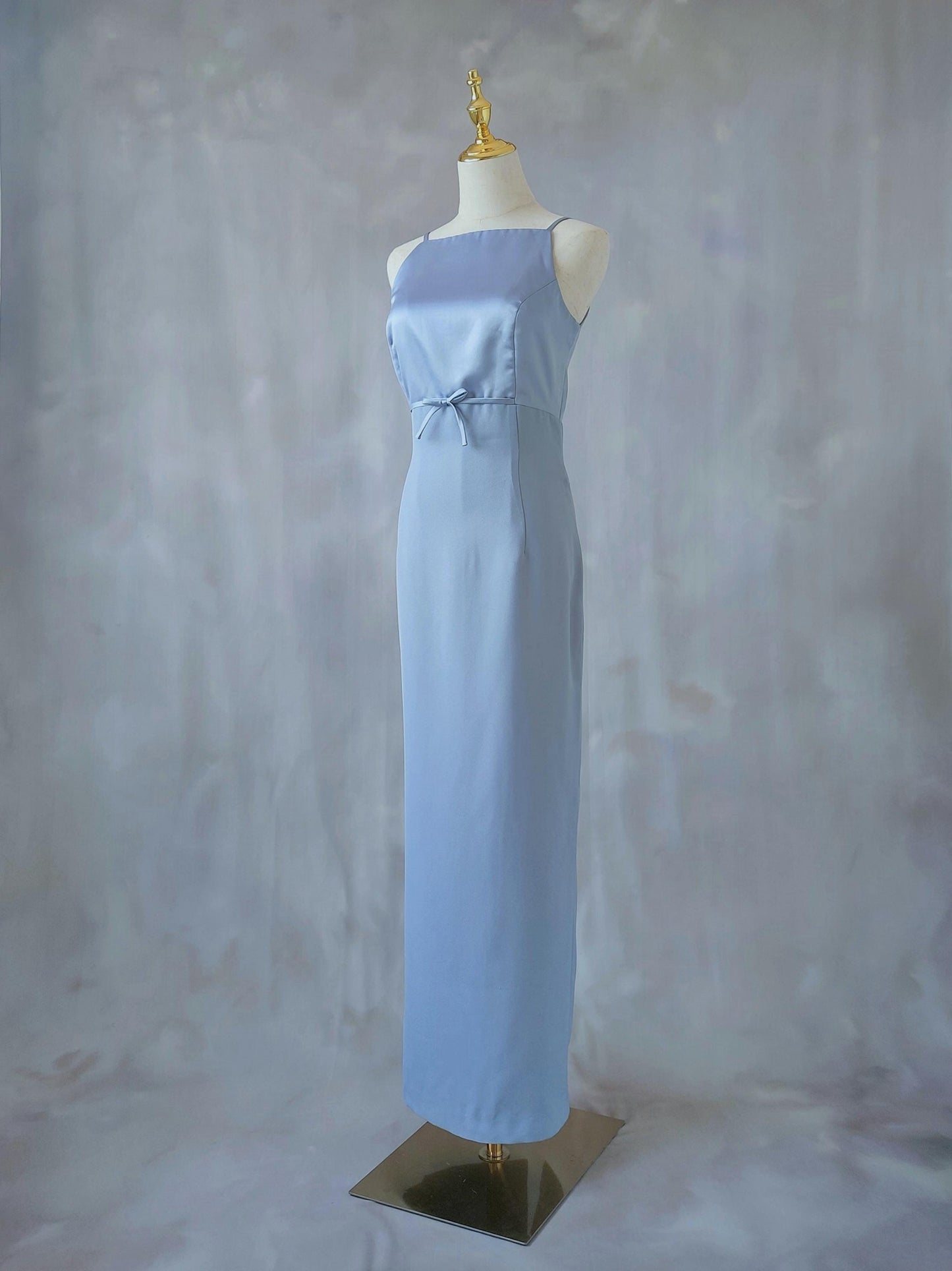 Square Neck Evening Dress with Spaghetti Straps, Back Button Detail, Waist Tie and Back Slit