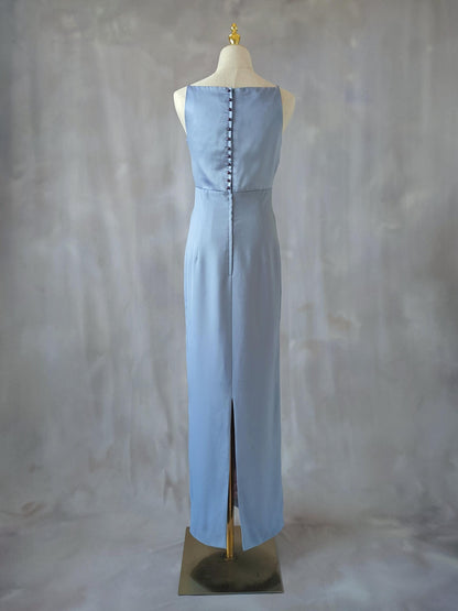 Square Neck Evening Dress with Spaghetti Straps, Back Button Detail, Waist Tie and Back Slit