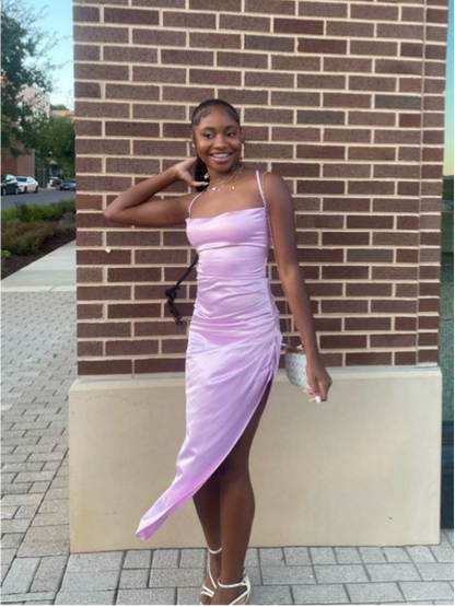 Lustrous Satin Sheath Square Neck Crisscross Back Ruched Slit Midi Prom Dress