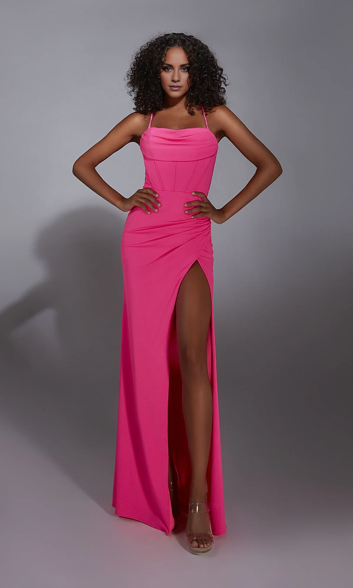 Square neckline off shoulder sleeveless thin shoulder strap backless side slit and floor length Prom dress