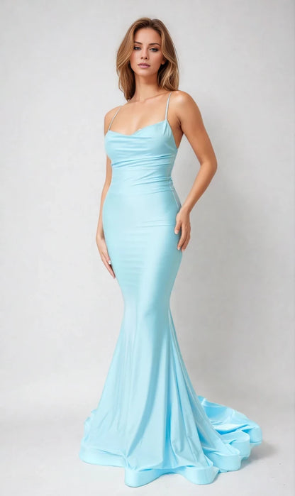 Square neckline sleeveless thin shoulder strap backless and floor length evening dress