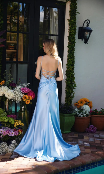 Square neckline sleeveless thin shoulder strap backless and floor length evening dress