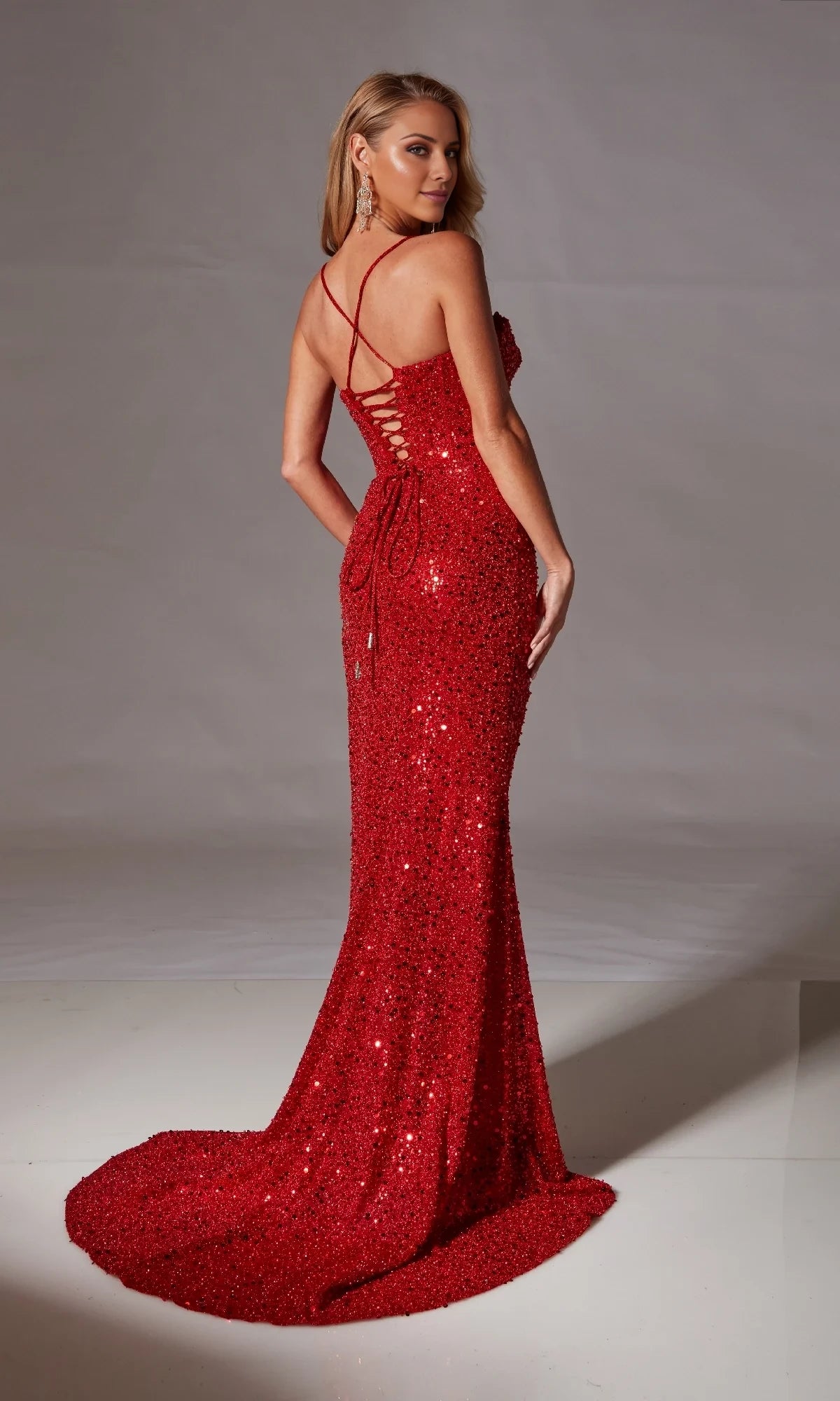 Square neckline sleeveless thin shoulder strap backless sequin side slit and floor length evening dress