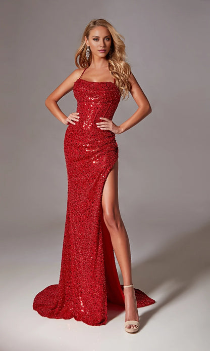 Square neckline sleeveless thin shoulder strap backless sequin side slit and floor length evening dress