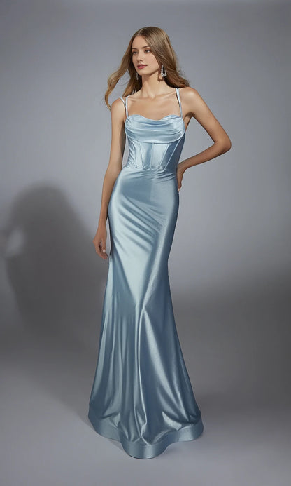 Square neckline sleeveless thin shoulder straps back strap exposed back and floor length Prom dress