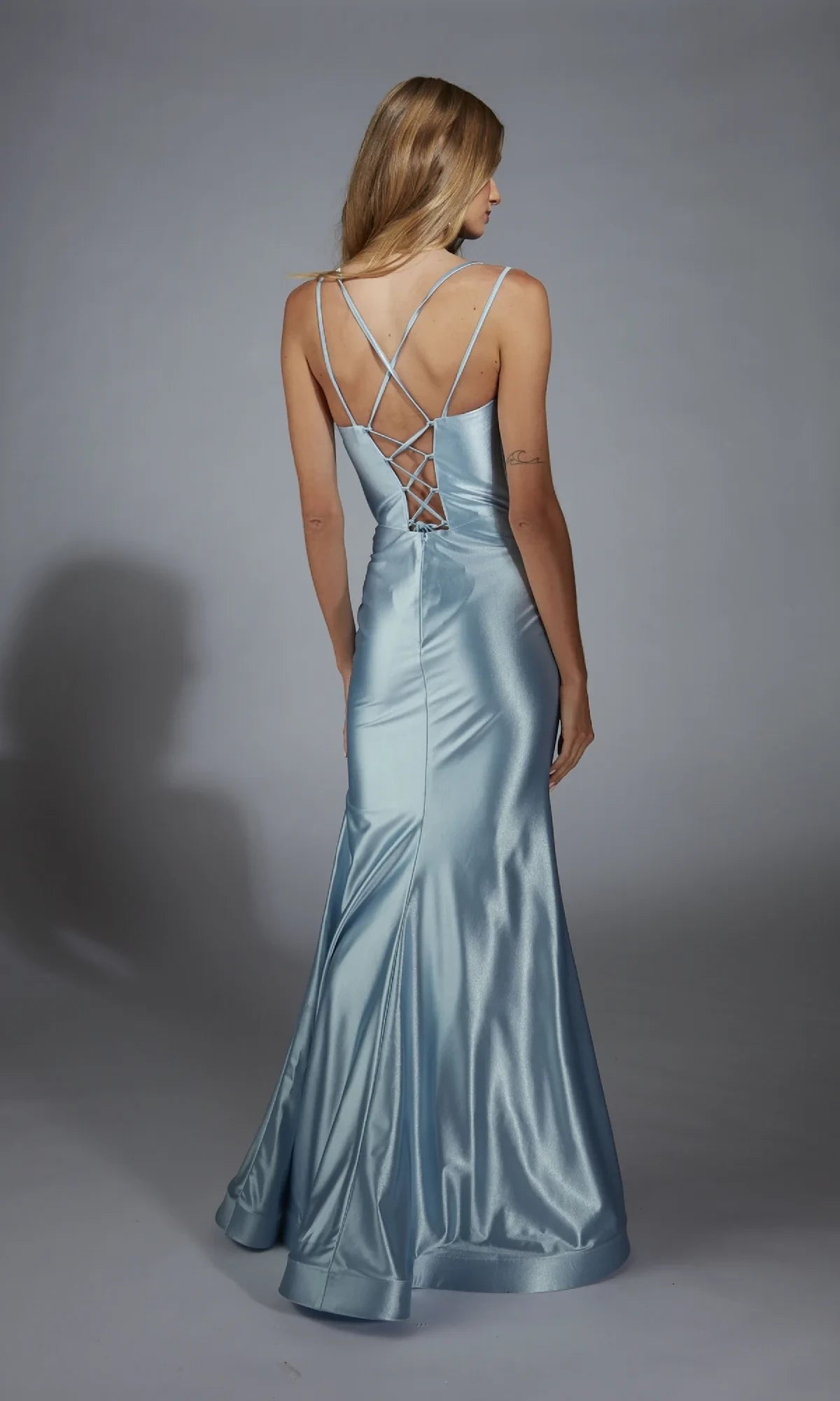 Square neckline sleeveless thin shoulder straps back strap exposed back and floor length Prom dress