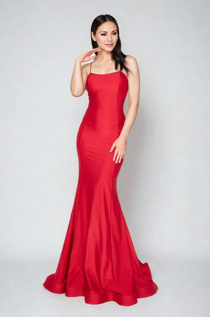 Square neckline thin shoulder straps backless and floor length evening dress