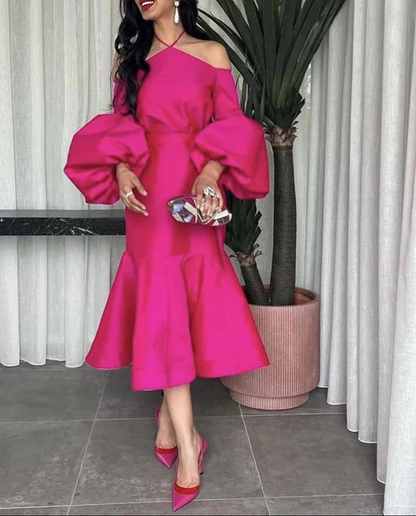 Statement Midi Prom Dress Off The Shoulder Halter Neck Balloon Sleeves Mermaid Hem