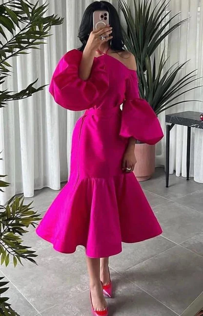 Statement Midi Prom Dress Off The Shoulder Halter Neck Balloon Sleeves Mermaid Hem