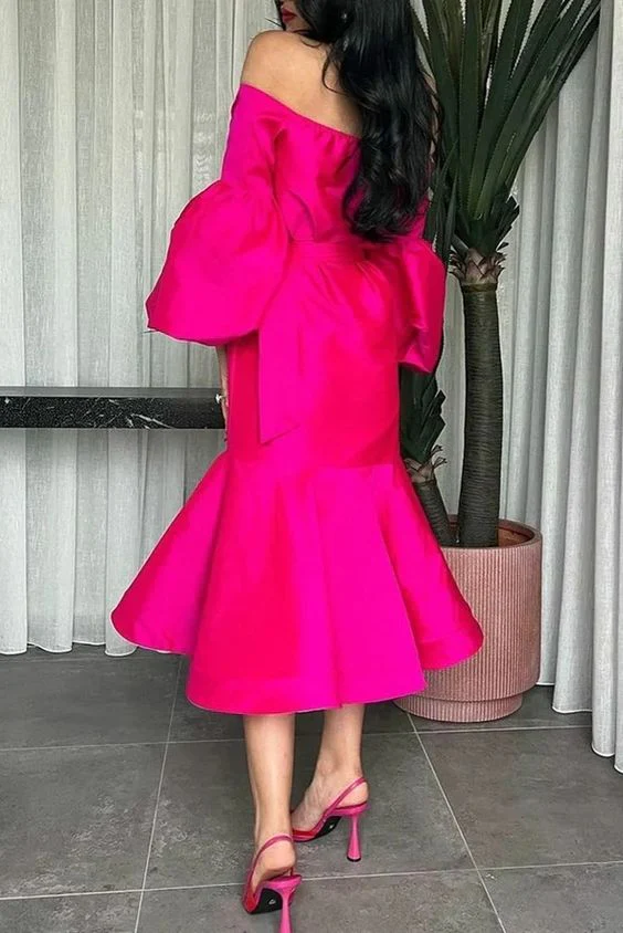 Statement Midi Prom Dress Off The Shoulder Halter Neck Balloon Sleeves Mermaid Hem