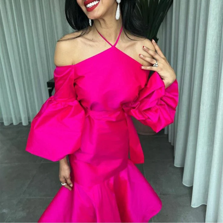 Statement Midi Prom Dress Off The Shoulder Halter Neck Balloon Sleeves Mermaid Hem