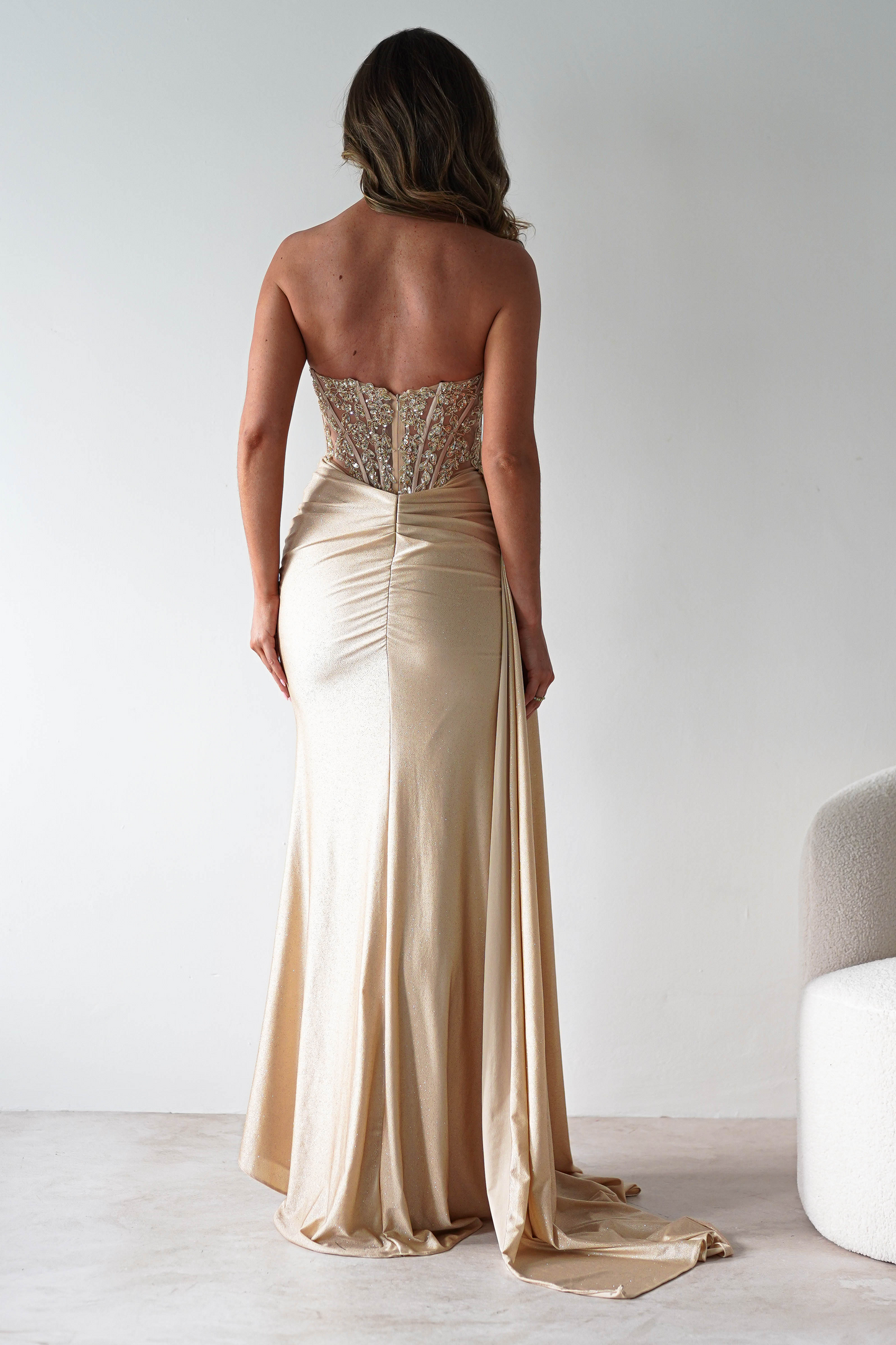 Strapless Beaded Corset Glitter Jersey Mermaid Prom Dress with Drape & Slit