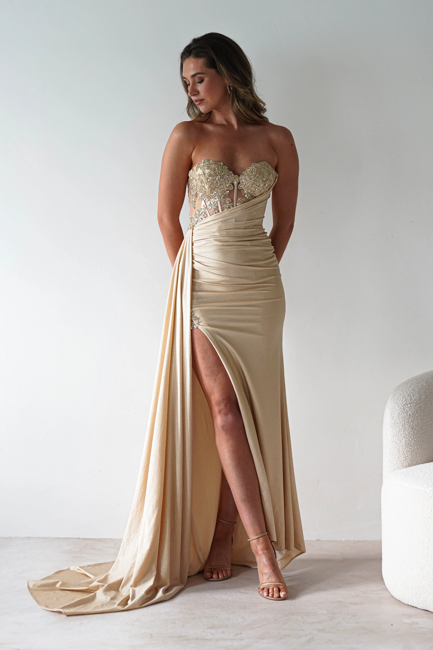 Strapless Beaded Corset Glitter Jersey Mermaid Prom Dress with Drape & Slit