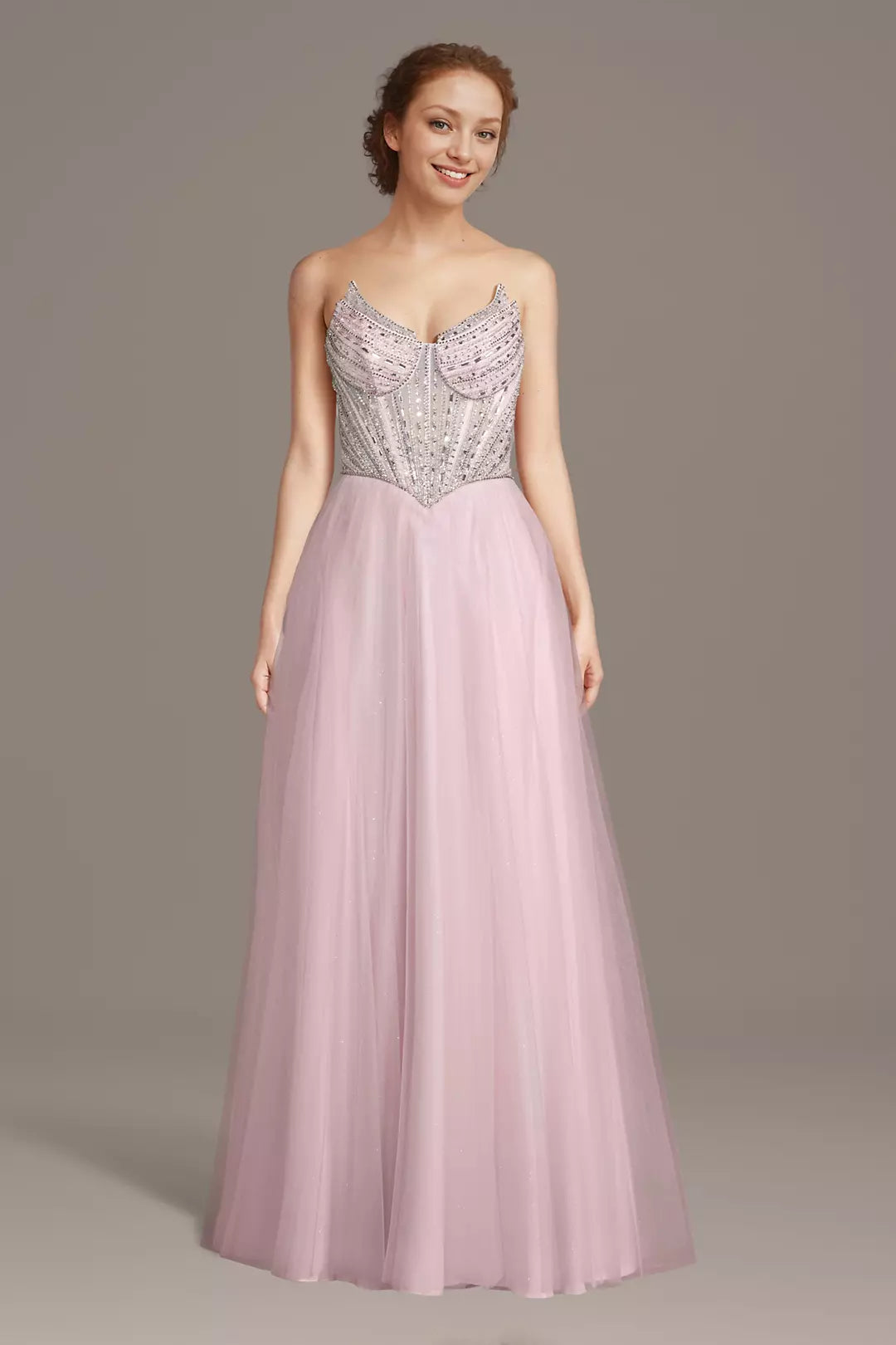 Strapless Beaded Corset Glitter Tulle A-Line Long Prom Dresses